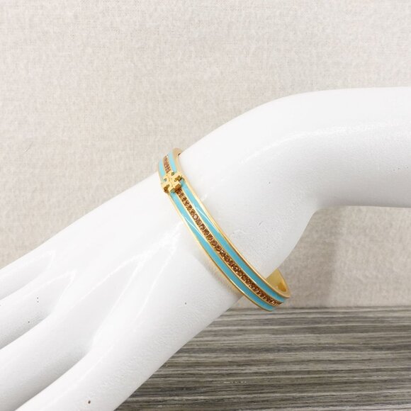 Tory Burch Kira Pave Enamel Hinge Bracelet Antique Brass/Blue Multi OS - Picture 7 of 14